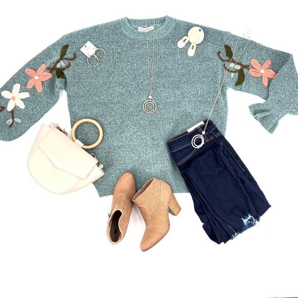 See and Be Seen Floral Days Soft As Cashmere Embroidered Sweater in Mint - Picture 1 of 3
